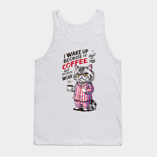 I wake up because of coffee not because of work | Funny cat and coffee lover Tank Top by T-shirt US